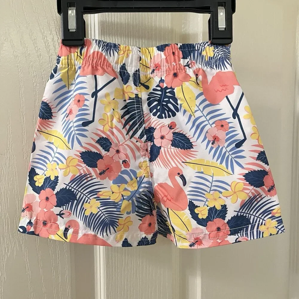 RuffleButts RuggedButts Tropical Flamingo Swim Trunks UPF 50+ Boys 6-12 Mos NWT
